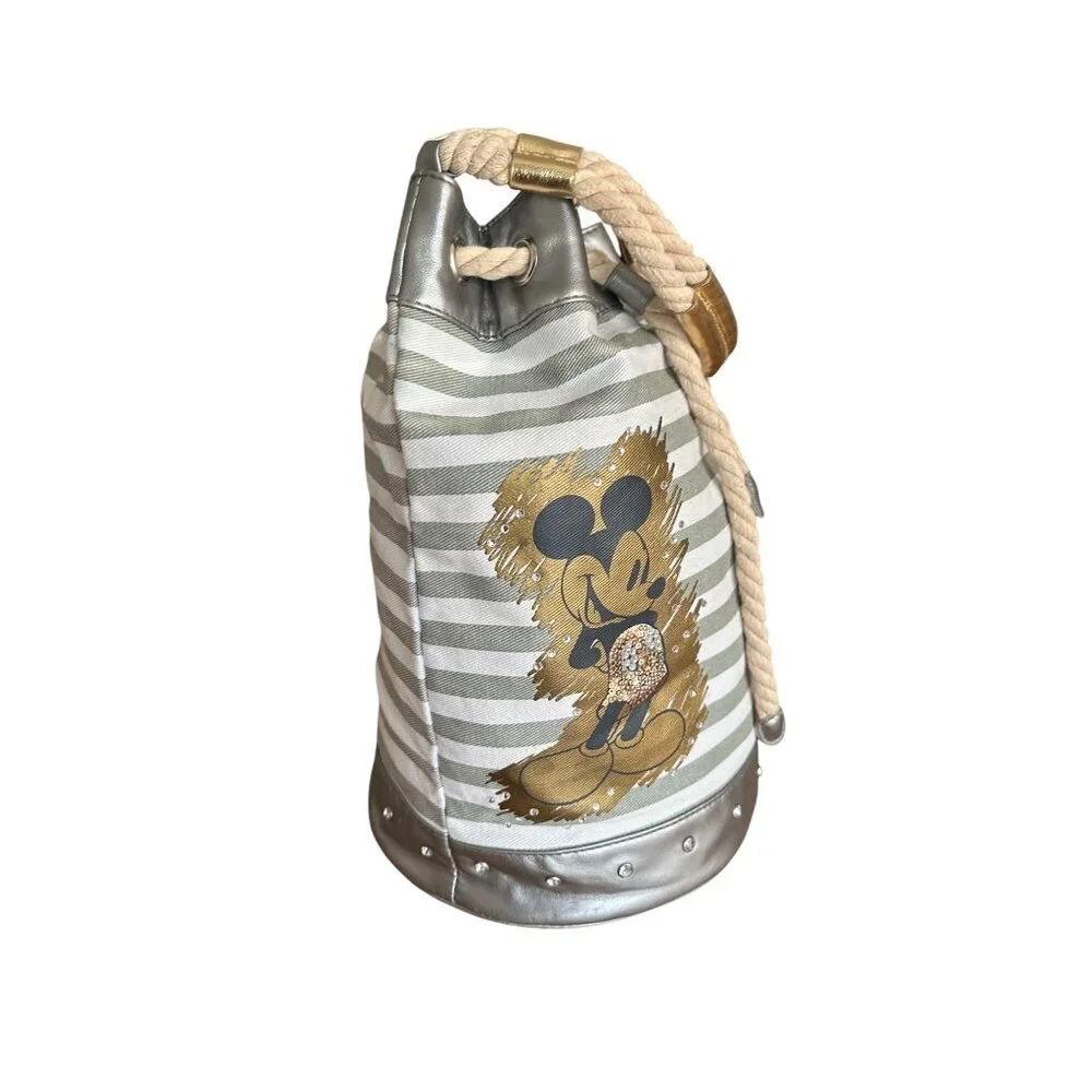 Disney Mickey Mouse Canvas & Faux Leather Bucket Bag With Rope Handle Rusack